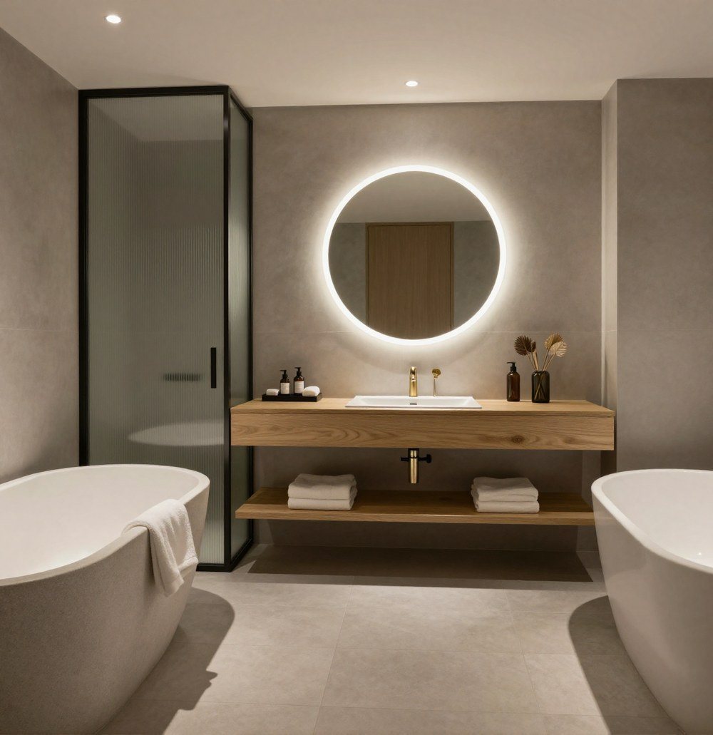 Freestanding bath with a floor-mounted filler