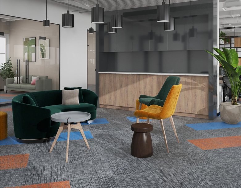 Carpet blocks in mixed colour ways, laid