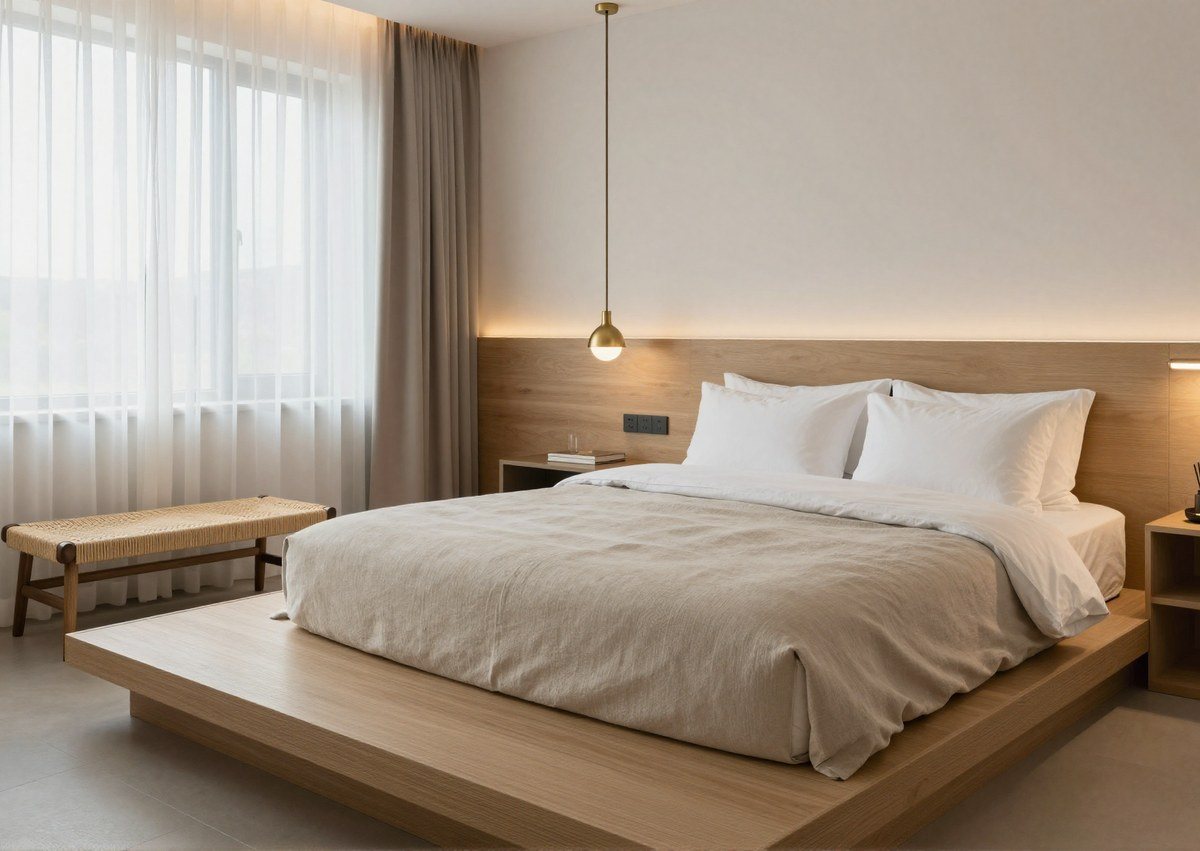King guestroom — platform bed, headboard with integrated light