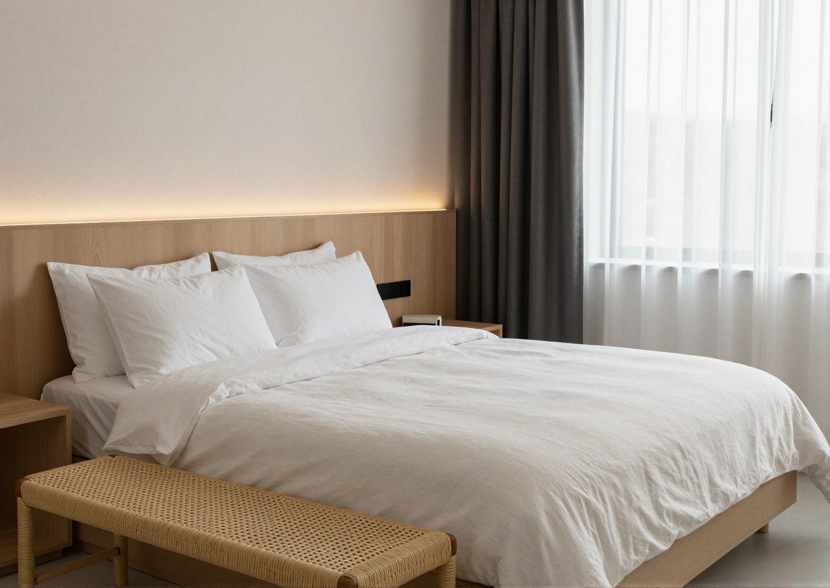 Suite bedroom — rattan bench, sheer and blackout layers