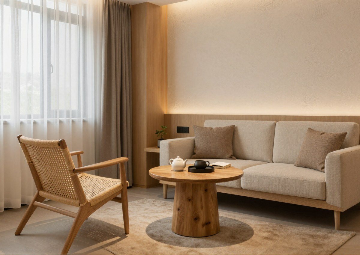 Suite living area — rattan lounge chair, linen sofa, tea table