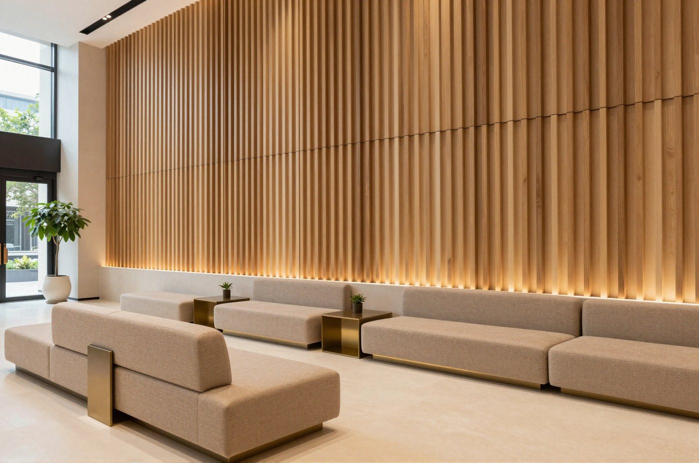 Lobby — full-height timber slat wall and low lounge seating