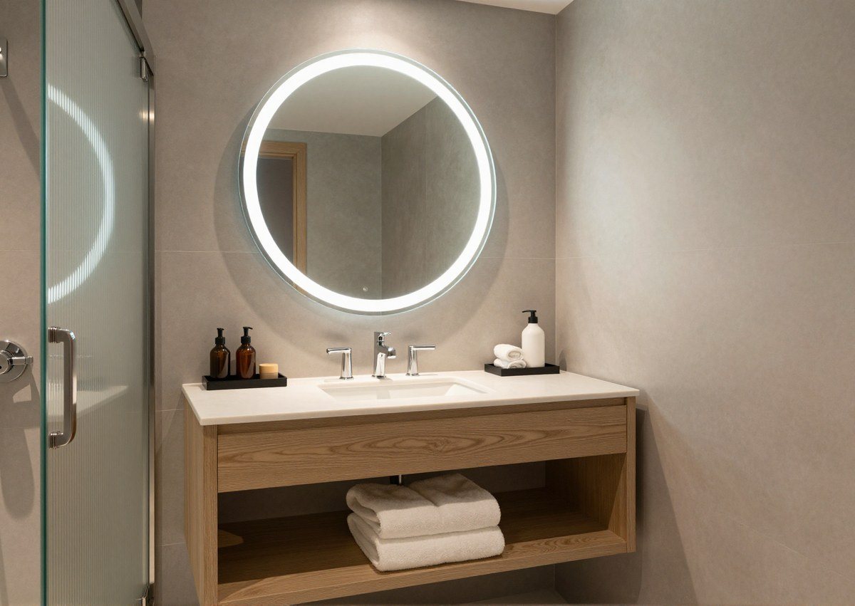 Bathroom — oak vanity, backlit mirror, fluted glass screen