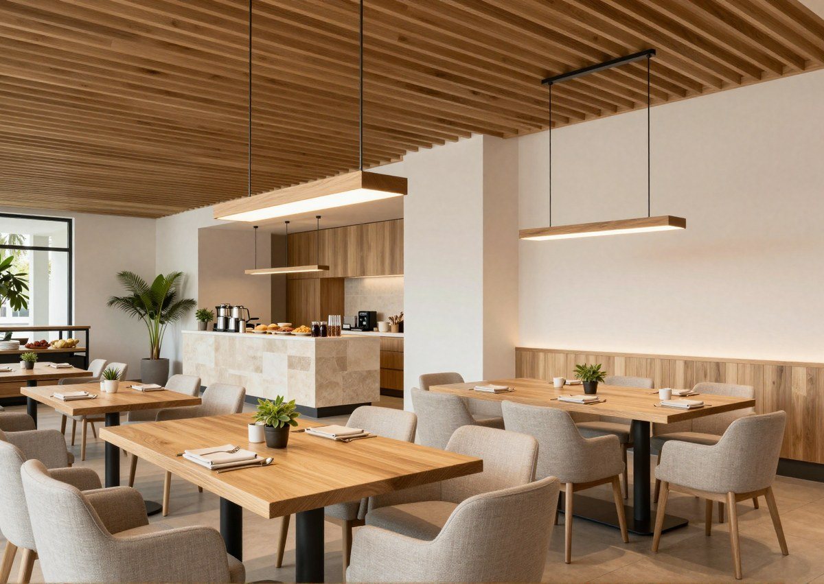 Breakfast area — oak tables, linen seating and a slat ceiling