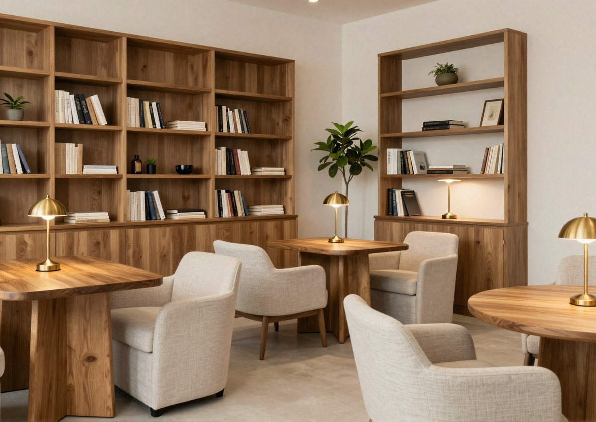 Reading lounge — timber shelving, linen armchairs, brass lamps