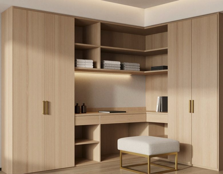Wardrobe, desk and shelving wall