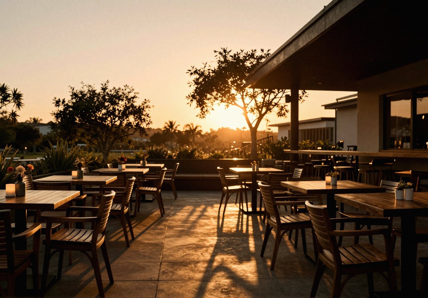 Hotel terrace at sunset, laid with dining tables and chairs