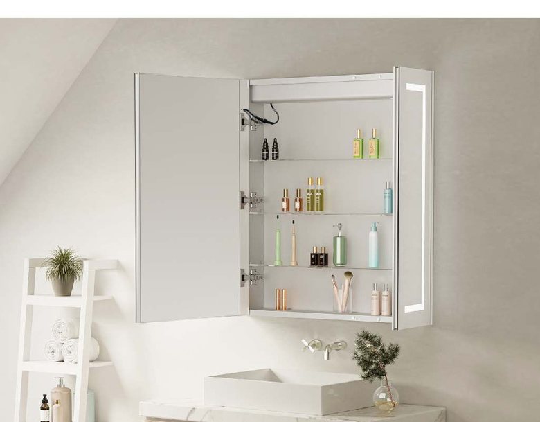 Mirror cabinet with LED light strip, doors open