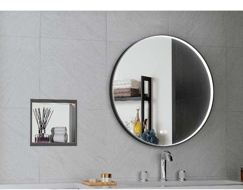 Framed and circular LED mirrors side by side