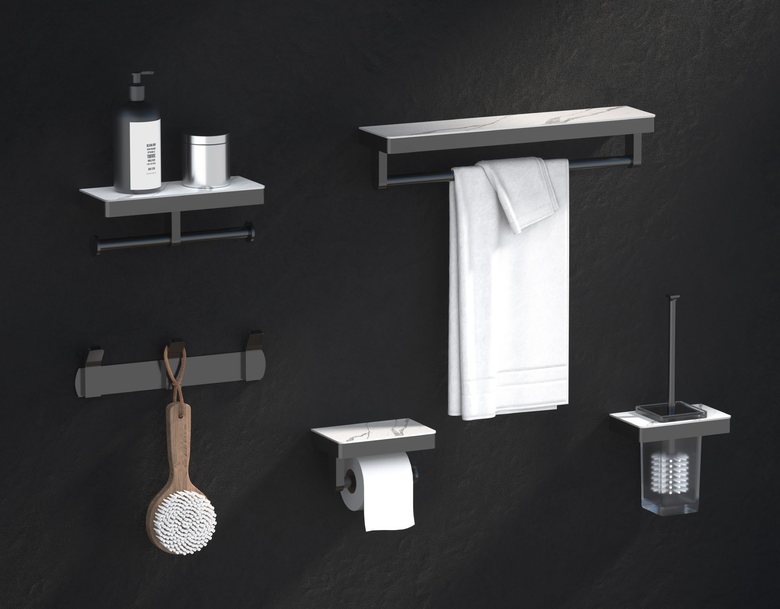 Bathroom accessories — towel bar, hooks, paper holder