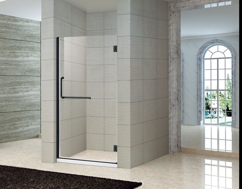Black-framed hinged shower door