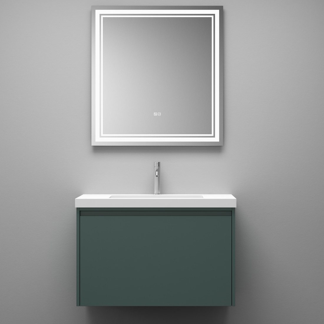 Wall-hung vanity with integrated basin and LED mirror