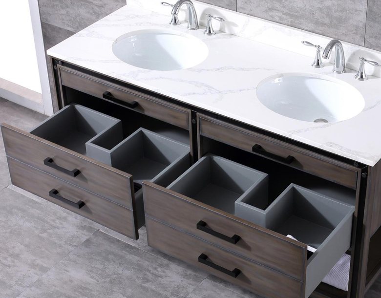 Double basin vanity with drawers open