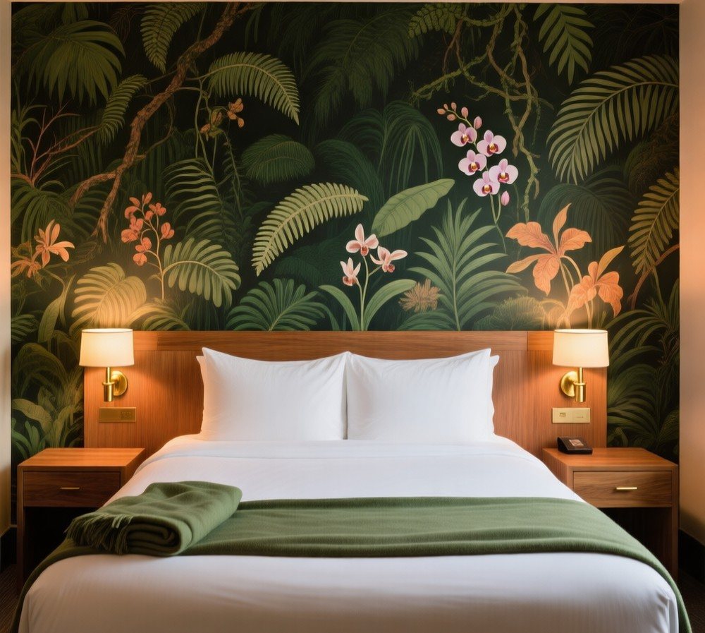 Guestroom headboard wall in a printed jungle mural on non-woven