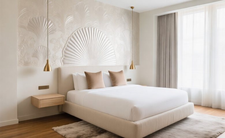 Embossed damask in champagne silver, guestroom headboard wall