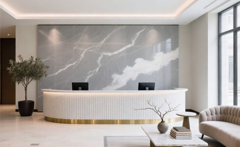 Reception feature wall — book-matched grey stone-look panels
